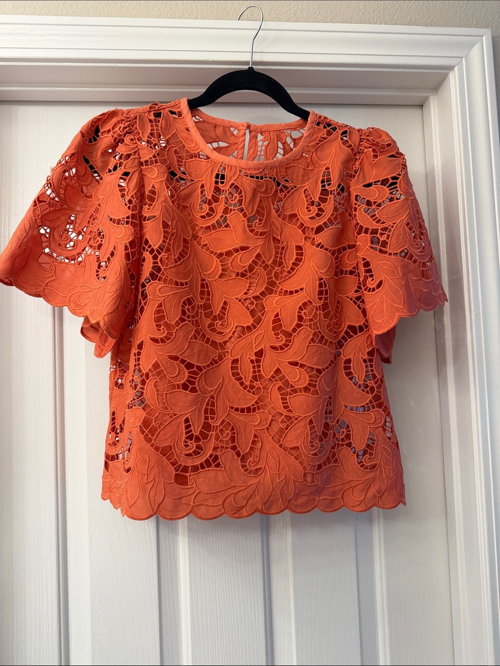 Express Orange Lace Cutout Short Sleeve Blouse - Picture 2 of 6